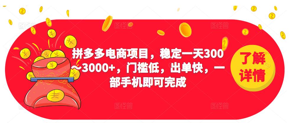 2023拼多多电商项目，稳定一天300～3000+，门槛低，出单快，一部手机即可完成-第一资源网