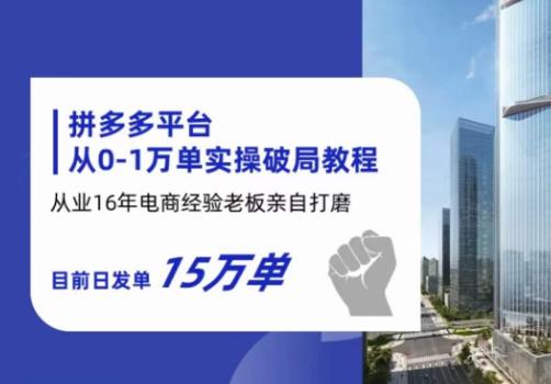 拼多多从0-1万单实操破局教程，从业16年电商经验打磨，目前日发单15万单-第一资源网