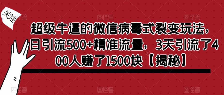 超级牛逼的微信病毒式裂变玩法，日引流500+精准流量，3天引流了400人赚了1500块【揭秘】-第一资源网