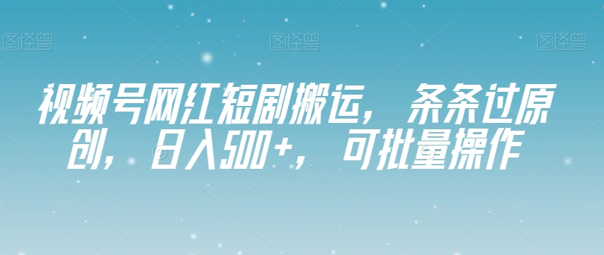 视频号网红短剧搬运，条条过原创，日入500+，可批量操作【揭秘】-第一资源网