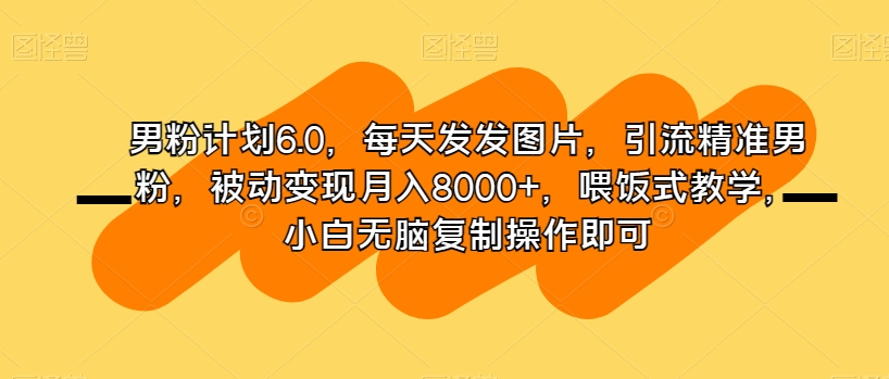 男粉计划6.0，每天发发图片，引流精准男粉，被动变现月入8000+，喂饭式教学，小白无脑复制操作即可-第一资源网