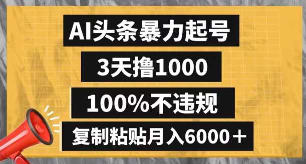 AI头条暴力起号，3天撸1000,100%不违规，复制粘贴月入6000＋【揭秘】-第一资源网