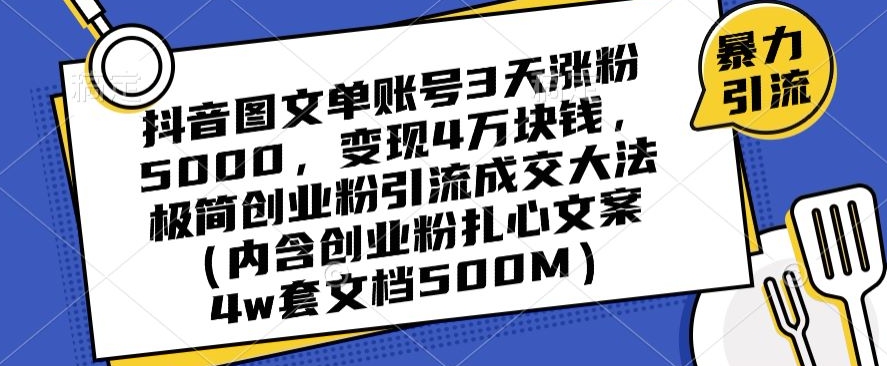 抖音图文单账号3天涨粉5000，变现4万块钱，极简创业粉引流成交大法-第一资源网