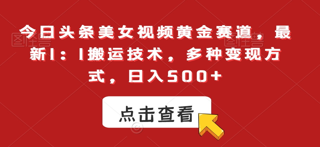 今日头条美女视频黄金赛道，最新1：1搬运技术，多种变现方式，日入500+【揭秘】-第一资源网