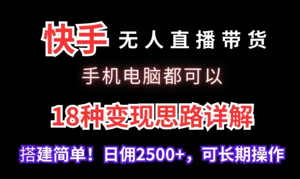 快手无人直播带货，手机电脑都可以，18种变现思路详解，搭建简单日佣2500+【揭秘】-第一资源网