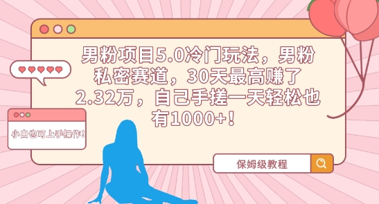 男粉项目5.0冷门玩法，男粉私密赛道，30天最高赚了2.32万，自己手搓一天轻松也有1000+【揭秘】-第一资源网