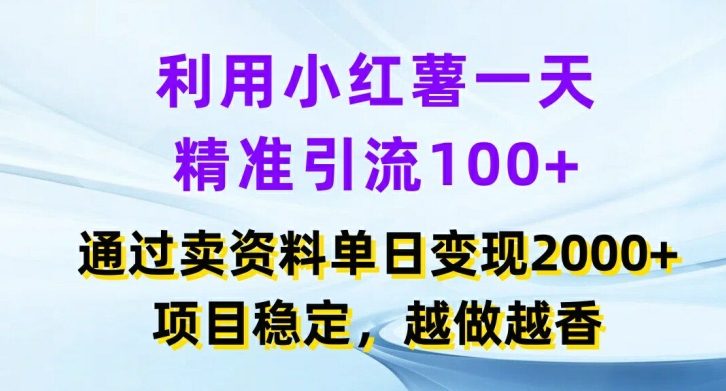 利用小红书一天精准引流100+，通过卖项目单日变现2k+，项目稳定，越做越香【揭秘】-第一资源网