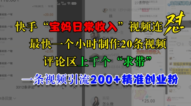 快手“宝妈日常收入”视频连怼，一个小时制作20条视频，评论区上千个“求带”，一条视频引流200+精准创业粉-第一资源网