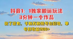 DY独家1：1搬运玩法，3分钟搞定一个作品，千粉万粉账号包回收，单号日收益2张【揭秘】-第一资源网