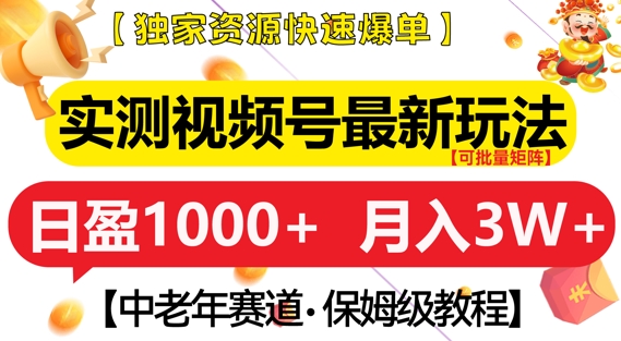 实测视频号最新玩法，中老年赛道，独家资源，月入过W+【揭秘】-第一资源网