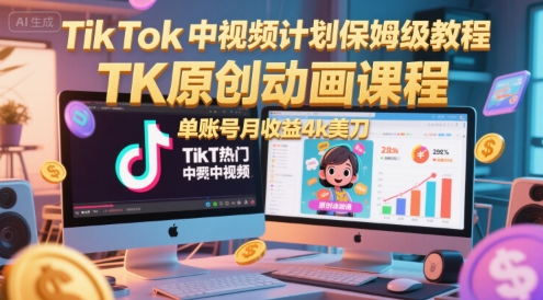 TikTok中视频计划保姆级教程，TK原创动画课程，单账号月收益4k美刀-第一资源网