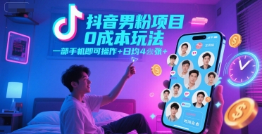 抖音男粉项目0成本玩法，一部手机即可操作，日均4张+，时间自由-第一资源网