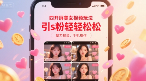 四开屏美女视频玩法，引s粉轻轻松松，暴力掘金，手机操作【揭秘】-第一资源网