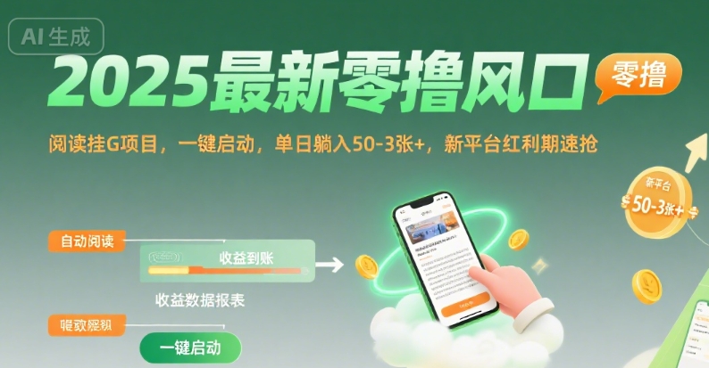 2025最新零撸风口，阅读挂G项目，一键启动，单日躺入 50-3张+，新平台红利期速抢【揭秘】-第一资源网