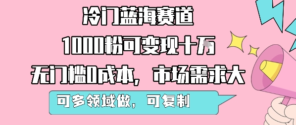冷门蓝海赛道，1000粉可变现十W，无门槛0成本，市场需求大，可多领域做，可复制性强-第一资源网