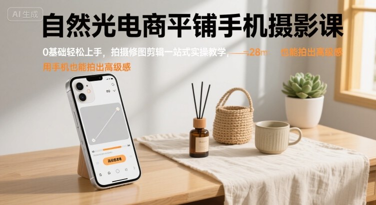 自然光电商平铺手机摄影课，0基础轻松上手，拍摄修图剪辑一站式实操教学，用手机也能拍出高级感-第一资源网