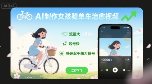 AI制作女孩骑单车治愈视频，流量大，起号快，快速起千粉万粉号-第一资源网