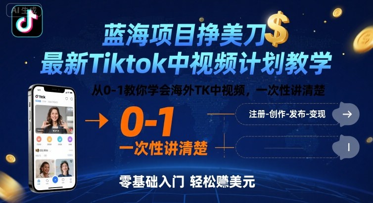 蓝海项目挣美刀，最新Tiktok中视频计划教学，从0-1教你学会海外TK中视频，一次性讲清楚-第一资源网