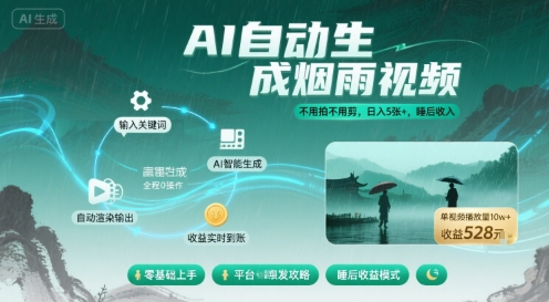 不用拍不用剪！AI自动生成烟雨视频，日入5张+，睡后收入-第一资源网