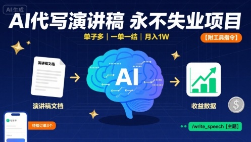 AI代写演讲稿，永不失业项目，单子多，一单一结，月入1W【附工具指令】-第一资源网